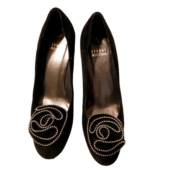 Stuart Weitzman Shoes - Stuart Weitzman 6M Suede leather floral silver edge accent. Heels. Unique. Glam